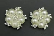 Silver Pearl Rhinestone Buttons Flower Flatback Wedding Craft Embellishment 2PC