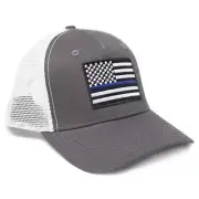 USA Thin Blue Line Flag Hats - Snapback Trucker Baseball Hat (Grey White)