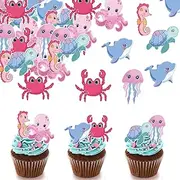 42Pcs Edible Ocean Animal Cupcake Toppers Sea Ocean Theme Turtle Seahorse Dolphin Crab Jellyfish Octopus Cupcake Picks for Under the Sea Theme Baby Shower Birthday Party Decorations