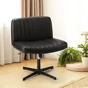 Oikiture Cross Legged Chair with Wider Back and Padded Adjustable Height Swivel Home Office Chair for Computer Desk Black PU Leather