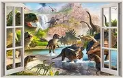 3D Watercolour Dinosaur World Fake Windows Wall Sticker,Peel and Stick Removable Decals for Kids Nursery Bedroom Playroom Living Room Decoration（27.55"x17.32"）