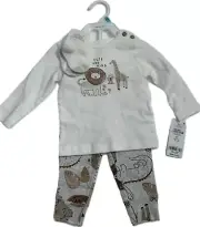 Carter’s White Brown Neutral Safari 3 Piece Set Top Pants Socks Cotton 6M NEW