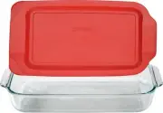 Pyrex Basics 3 Quart Glass Oblong Baking Dish With Red Plastic Lid -9 Inch X 13