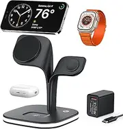 [EXW] Magnetic Charging Station, 3 in 1 Fast Mag-Safe Wireless Charger Stand for iPhone 16,15,14,13,12 Pro/Max/Mini/Plus, Apple Watch 2-10/SE and Airpods 4/3/2/Pro/Pro 2 with LED and Adapter (Black)