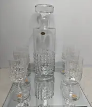 Crystal Decanter & 6 Glasses Whiskey Bourbon Crystal Poland Original Sticker MCM