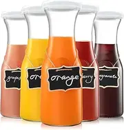 Set of 5 Glass Carafe Bottles, 1 Litre Beverage Serveware Carafe, Milk Juice Container for Refrigerator, Clear Glass Pitcher for Bar, Cold Water, Juice, Milk, Lemonade, Height 10.4 inches