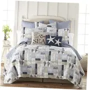 - Cerralvo Full/Queen Quilt Set - Coastal Patchwork - Taupe, Cream, Navy, and