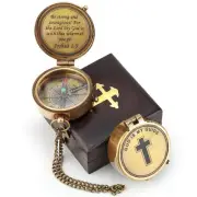 Polished Brass Compass Gift with Display Box - Engraved Scripture Prayer Comp...