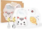 PHEENOWL Cat Plate Set for Toddlers, BPA-Free Divided Plates and Utensils for Kids, Durable Plastic Reusable 4 Compartment Plates, Picky Eater Friendly Dinnerware Set for Girls