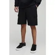 Mens Black Elasticated Waist Relaxed Technical Stretch Cargo Shorts
