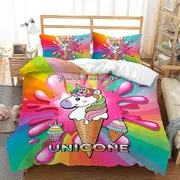 a2014 Bed Sheets Rainbow Unicorn Bedding Set Colourful Flowers Duvet Cover Comforter Linen Pillowcases For Girls Gift Double 3-Piece Bedding Set (1 D