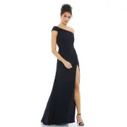 Mac Duggal 26517 Navy Foldover Off-the-Shoulder Slit Gown Size 10