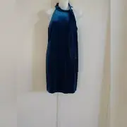 Vince Camuto Women Velvet Sleeveless Half zip Back Halter Tie Neck Blue Dress 8