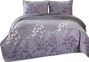 Masterplay 3-Piece Fine Printed Oversize (118 inchx95 inch ) Quilt Set,Bedspread Coverlet King Size Bed Cover (Dark Grey,Purple Gradient,Vine)