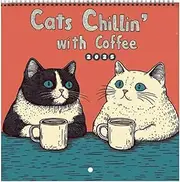Cats Chillin with Coffee Wall Calendar 2025, Hangable Funny Cat Calendar, 12 Month Family Calendar with Cat Illustrations, Double Spiral Bound Planner Organizer Calendar, for Home Decoration