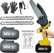 8" Mini Chainsaw Cordless Electric Pruning Shears One-Handed Portable Chain Saw With 2 Battery 2 Chains Safety Lock Brushless Motor Gloves for Branch Wood Cutting Garden Tree Logging Trimming Yellow