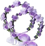 2 Pack Flower Crown Headband Garland Hair Bands Floral Wedding Bridal Hair Hoop Women Leaf Ribbon Party Decoration Headdress Christmas Handmade Headpiece Hair Accessories (Purple, One size)