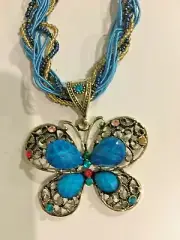 Women's Butterfly Pendant Turquoise Necklace on Multi-Color Beaded Cord