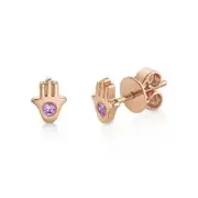 Pink Sapphire Hamsa Hand Stud Earrings 14K Rose Gold Natural Adults Children