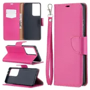 For Samsung Galaxy S21 Ultra Case Lychee Texture Folio PU Leather Wallet Cover, Kickstand, Lanyard, Rose Red
