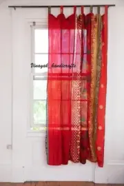 Indian Sari Patchwork Curtain Drape Handmade Window Decor Silk Red Boho Curtain