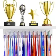 Medal Holder Display Trophy Shelf Organiser, Wooden Medal Trophy Hanger Rack with 25 Steel Hooks, Wall Mount Medal Hanger for Race Medals Trophies Easy to Install (1PC，White+Black Hooks) …