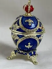 Decorative Blue Egg Design Trinket Box with Stand Made With Swarovski Crystals