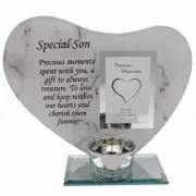 Glass Memorial Tea Light Candle Holder Photo Frame Marble Effect - Son