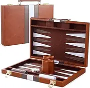 Hengrongshen Backgammon, 2 Player Backgammon Wood Brown 15 Inches, Backgammon Travel Comes with a High-Quality Brown Leather Case and a Dice Cup (Brown, 15 Inches)