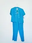 Sag Harbor Womens Petite 10P Outfit Set Linen Rayon Blend Blue Jacket Pants NWT