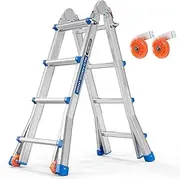 CopooLife Ladder, A Frame 4 Step Telescoping Ladder, 5.2M Reach Height Muti Position Folding Ladder Flared Leg & Wheels Design, 150 KG Capacity Extension Ladder for Household Outdoor Work (4 Step)