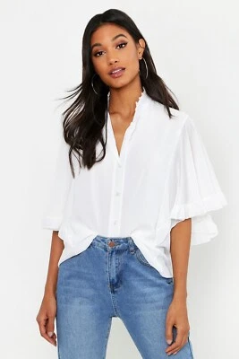 Boohoo Woven Ruffle Angel Sleeve Chiffon Button Up Blouse - Ivory - UK Size 8