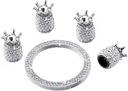 SWOOMEY Rhinestone Crown Car Stem Caps Ignition Button Ring White Tire Dust Caps for Auto Decoration Sparkling Design Prolongs Tire Life and Rain