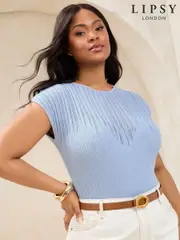 Lipsy Pale Blue Curve Sheer Yoke Metallic Sparkle Rib Short Sleeve Knit Top (AP6375) | $83