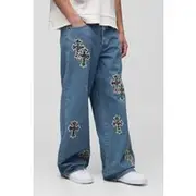 Mens Light Wash Tall Baggy Rigid Leopard Cross Applique Denim Jeans