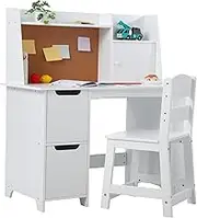 Kids Study Desk and Chair Set with Storage - White Learning Table with Bookshelf and Cabinets for Boys and Girls Ages 3-8