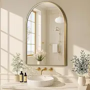 MZON 22 * 30 Inch Arched Gold Mirror, Arched Bathroom Mirror, Arch Mirrors for Wall, Vanity, Entryway&Livingroom, Metal Frame&Tempered Glass, Anti-Rust, Modern Home Decor
