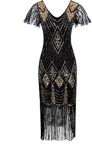 [Vijiv] Women's 1920s Gatsby Inspired Sequin Beads Long Fringe Flapper Dress with Sleeves