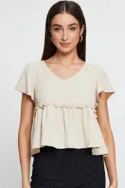Beige Peplum Top Short Sleeve Button Front - Size 12, Women's Peplum