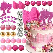 JeVenis Princess Hot Pink Girl Cake Decoration Pink Girls Birthday Decoration Pink Balls Palm Leaves Heels Lipstick Bags Cake Topper for Birthday Bridal Shower Baby Shower