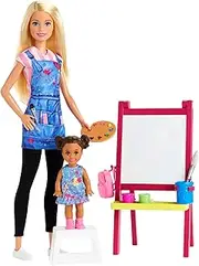 Barbie Careers Doll & Playset, Art Teacher Theme with Blonde Fashion Doll, 1 Small Doll, Color-Change Easel & Accessories