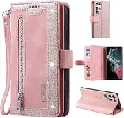[UEEBAI] Wallet Case for Samsung Galaxy S22 Ultra 5G, Retro 9 Card Holder Slots Zipper Pocket Handbag Case PU Leather Magnetic Closure Kickstand with Wrist Strap TPU Shockproof Flip Case - Rose Gold