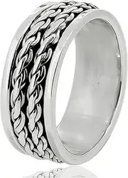 VN Jewelry MENS 8MM Wide Silver Ring, 925 Sterling Silver Spin Spinner Stress Relief Ring For Men - Rope Twisted Ring Size: 8-14