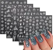 Christmas Nail Art Stickers Decals, White Sliver Snowflake Nail Decorations 3D Winter Christmas Xmas Snowmen Elk Trees Design Nail Stickers for Acrylic Nail Art Happy New Years Party Supplies 5Sheets