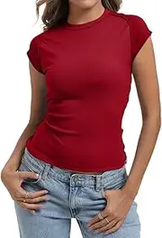 [Nfsion] Women Summer Tops T-Shirts Crop Workout Short Sleeve Compression Shirts Cute Tight Basic Tops Tee