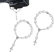 ZKFAR 2 PCS Car Rearview Mirror Rosary Pendant, Rose Bead Christening Hollow Cross Bracelet, Creative Fashion Exquisite Bead Decoration, for Most Car, Trucks, Vans, SUVs, Trailers (Silver)