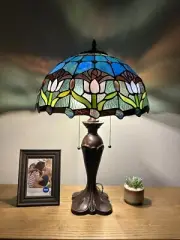 Tiffany Style Table Lamp Blue Purple Stained Glass Tulips LED Bulbs Include 24"H