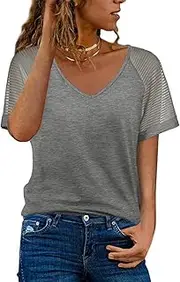 [Ranphee] Women's T-Shirt Striped Mesh Summer Short Sleeve and V-Neck Tunic Tops