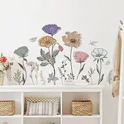Boho Flower Wall Decal Floral Plant Grass Wall Sticker Colorful Wildflower Wall Decals Peel and Stick Daisy Flower Wall Sticker for Bedroom Nursery Decor