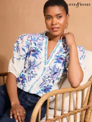 Love & Roses Ivory Floral 3/4 Sleeve Print Placement 100% Cotton Blouse (AP5084) | $97